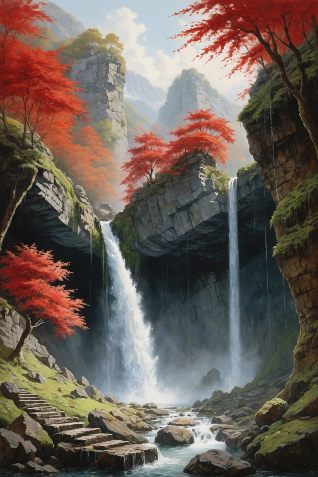 00340-1873020684-This is a landscape painting with a cave waterfall as the background,In the center of the picture is a long rock staircase leadi.png